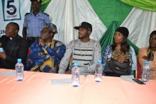 L-R: Fr. Victor Mordi, Bishop Kukah, TuBaba and Annie Idibia